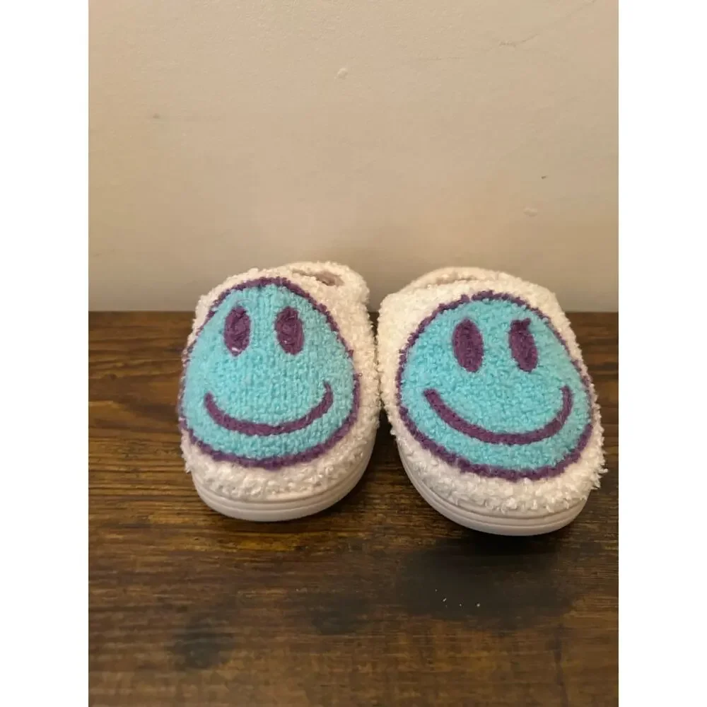 Retro Fuzzy Smiley Face Slippers Cream Teal Turquoise Purple Kids Sz 9.5 Cozy